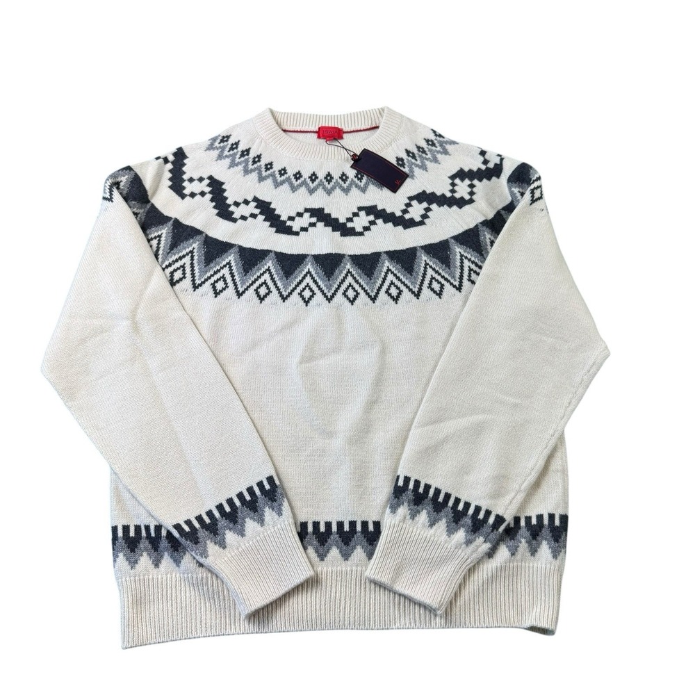 Isaia Napoli Cream‎ Black Gray Fair Isle Pure Cashmere Crewneck Sweater L NWT